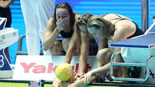 Australia celebrate as they set a new world record of 7:41.50 in the Women's 4x200m Freestyle Final on day five of the Gwangju 2019 FINA World Championships at Nambu International Aquatics Centre on July 25, 2019 in Gwangju, South Korea. (Photo by Catherine Ivill/Getty Images)