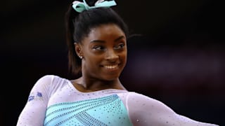 Simone Biles poses on the floor exercise during the all-around final at the 2018 Worlds