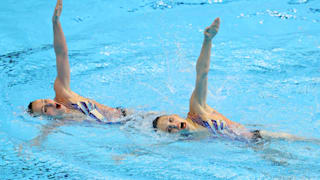 Marta Fiedina and Anastasiya Savchuk of Ukraine compete in the Duet Technical preliminary round on day one of the Gwangju 2019 FINA World Championships at Yeomju Gymnasium on July 12, 2019 in Gwangju, South Korea. (Photo by Maddie Meyer/Getty Images)