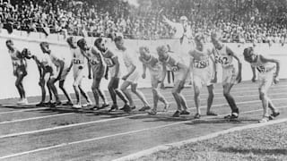 Competitors start the 5000 metres event