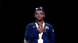 Simone Biles with her gold medal for winning the floor final at the 2019 World Artistic Gymnastics Championships