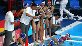 Head coach Inki Hong of South Korea speaks to his team during their Women's Water Polo Preliminary round match against Canada at the Gwangju 2019 FINA World Championships at Nambu University on July 18, 2019 in Gwangju, South Korea. (Photo by Clive Rose/Getty Images)