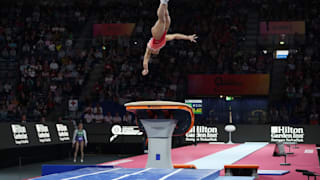 Oksana Chusovitina performing her second vault in qualification at the 2019 World Championships (Photo: Olympic Channel)