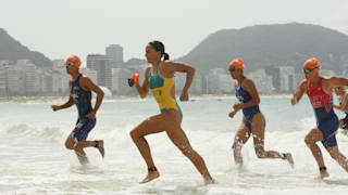 Leading women leave the water after their swim in the Rio 2016 triathlon