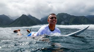 French surfer Kauli Vaast takes part in a surfing training session in Teahupo'o, on the French Polynesian Island of Tahiti