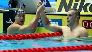 Caeleb Dressel of the United States is congratulated by Kyle Chalmers of Australia after winning the Men's 100m Freestyle Final on day five of the Gwangju 2019 FINA World Championships at Nambu International Aquatics Centre on July 25, 2019 in Gwangju, South Korea. (Photo by Catherine Ivill/Getty Images)