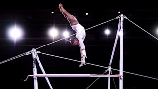 Simone Biles on the uneven bars during the all-around at the 2019 World Artistic Gymnastics Championships