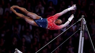 Simone Biles on the uneven bars in the women's team final at the 2019 World Artistic Gymnastics Championships