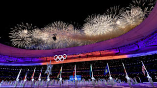 A firework display is seen above the stadium during the Beijing 2022 Winter Olympics Closing Ceremony