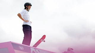 Paige Heyn of Team USA looks on during a skateboarding training session at La Concorde