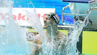 Caeleb Dressel of the United States celebrates after winning the Men's 100m Freestyle Final on day five of the Gwangju 2019 FINA World Championships at Nambu International Aquatics Centre on July 25, 2019 in Gwangju, South Korea. (Photo by Catherine Ivill/Getty Images)