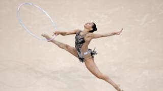 Linoy Ashram competing in the hoop at the European Games in Minsk