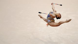 Linoy Ashram competing in the clubs at the European Games in Minsk