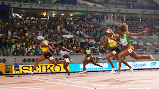 Shelly-Ann Fraser-Pryce of Jamaica crosses the finish line to win the Women's 100 Metres final in the Women's 100 Metres final during day three of 17th IAAF World Athletics Championships Doha 2019 at Khalifa International Stadium on September 29, 2019 in Doha, Qatar. (Photo by Michael Steele/Getty Images)