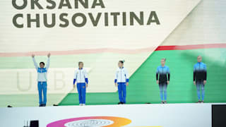 Oksana Chusovitina is introduced to the crowd at the 2019 World Championships (Photo: Olympic Channel)