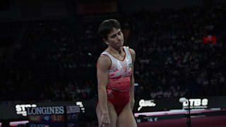 Oksana Chusovitina looks disappointed after her all-around qualification at the 2019 World Championships (Photo: Olympic Channel)