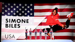 Simone Biles introduced with her USA colleagues before the women's team final