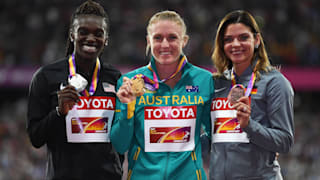 2017 World Championships 100m hurdles podium (L-R): runner-up Dawn Harper Nelson, winner Sally Pearson, third-placed Pamela Dutkiewicz