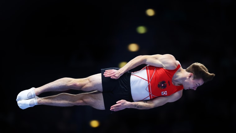 Benny Wizani of Austria competes in the men's trampoline qualification at the Trampoline Gymnastics World Championships 2023 in Birmingham, England