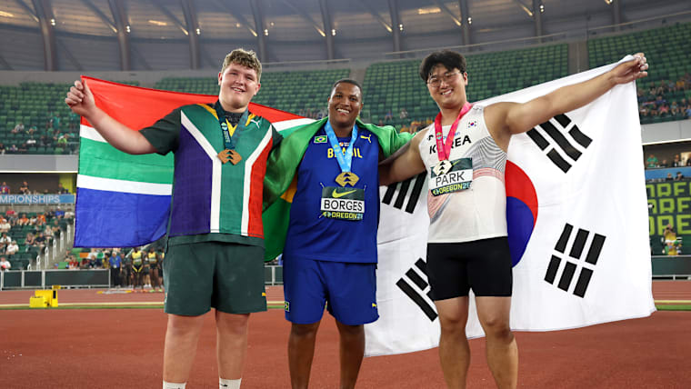 Bronze medalist Jaco Van Dyk (RSA) pictured with gold medalist Alessandro Borges (BRA) and silver medalist Park Si-Hoon (KOR) at the 2026 World Athletics U20 Championships