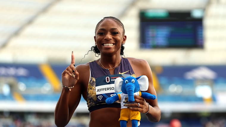 Melissa Jefferson-Wooden poses for a photo after her victory in the Women's 100m Final during the Kamila Skolimowska Memorial, part of the 2026 Wanda Diamond League at Slaski Stadium on August 23, 2026 in Chorzow, Poland. 