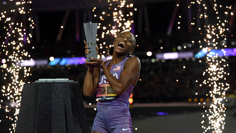 Melissa Jefferson-Wooden of Team United States celebrates
