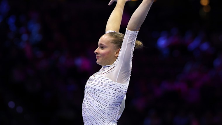 Elena Colas of France competes in the women's uneven bars qualification at the 2026 World Championships in Rotterdam 