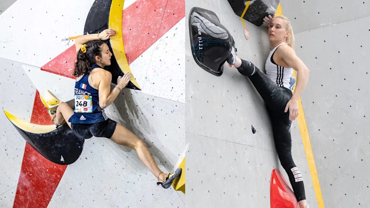 Zelia Avezou of France (on the left) and Janja Garnbret of Slovenia (on the right) at the IFSC World Cup 2024 in Keqiao, People's Republic of China.