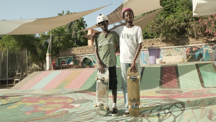 Senegalese skateboarders Mamadou and Aminata Samb at the Deggele skatepark in Ngor, Dakar.