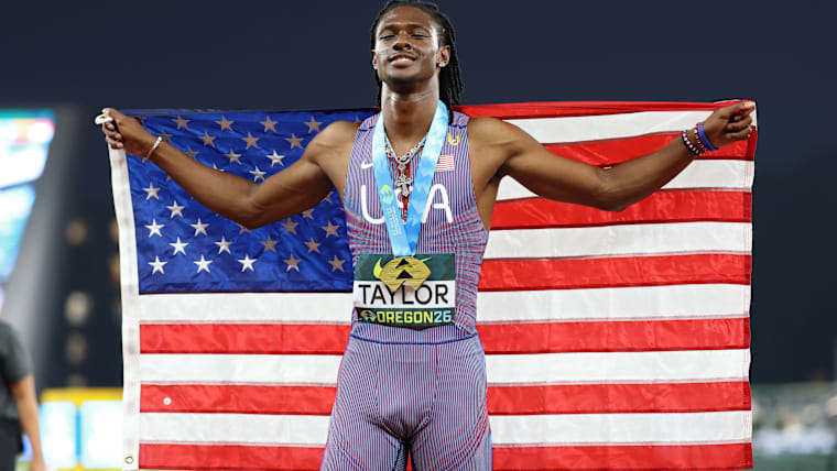 Gold medalist Tate Taylor (USA) celebrates after winning the men's 100m final at the 2026 World Athletics U20 Championships