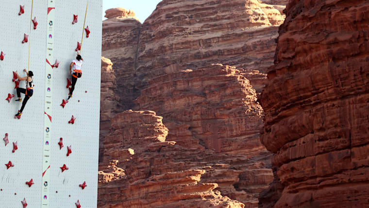 Jimin Jeong (L) and Desak Made Rita Kusuma Dewi (R) during a speed climbing practice at the NEOM Beach Games