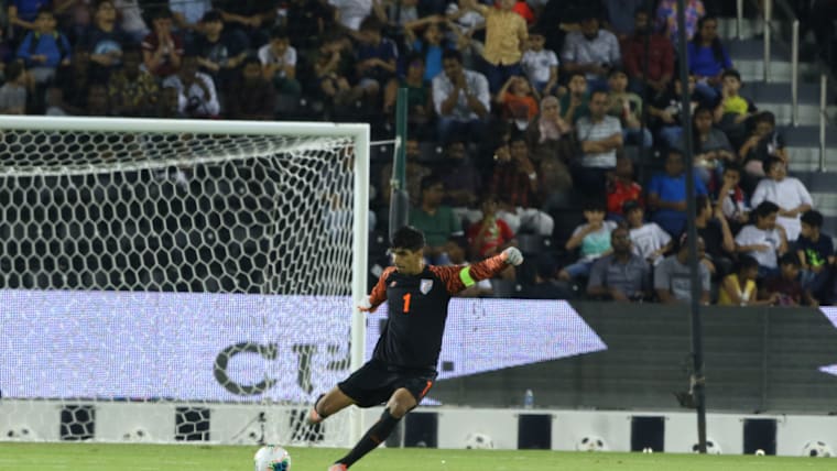 Gurpreet Singh Sandhu in action during India’s game against Qatar. Image courtesy: AIFF Media