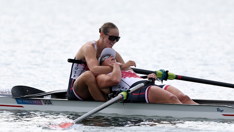 Azja Czajkowski and Jess Thoennes of the United States celebrate at the Olympic Games Paris 2024