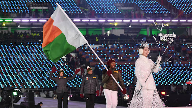 Mialitiana Clerc of Madagascar leads her country out during the Opening Ceremony of the PyeongChang 2018 Winter Olympic Games.