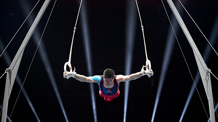 Artur Avetisyan of Armenia competes on rings during the Apparatus Finals of the European Artistic Gymnastics Championships in 2021