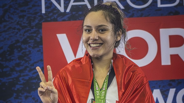 Sude Yaren Uzuncadavar of Turkey celebrated after winning gold at the 2025 World U21 championships in the women's -73kg.
