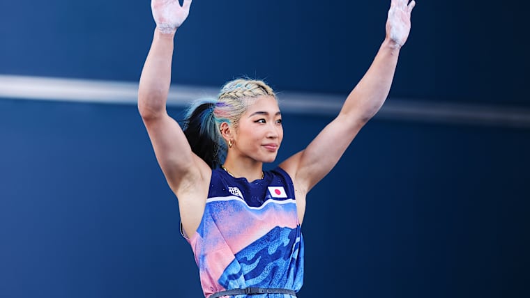 Miho Nonaka (JPN) celebrates during the women's Boulder & Lead - semi-finals at the Olympic Games Paris 2024