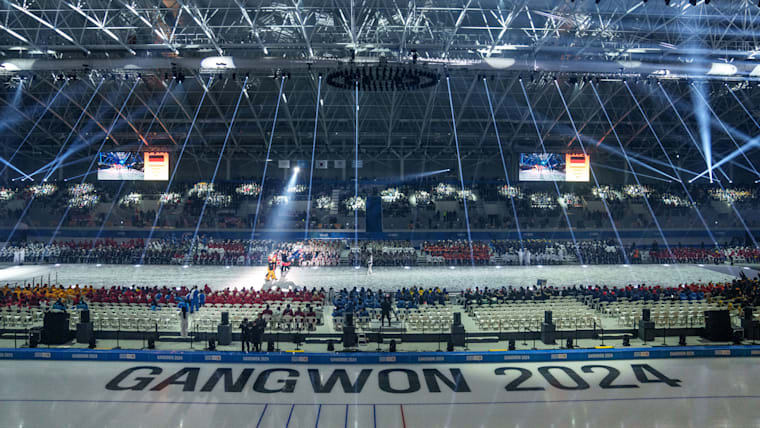 General view inside the Gangneung Oval during the parade of flags of the participating NOCs as part of the Opening Ceremony. The Winter Youth Olympic Games Gangwon 2024, Republic of Korea, Friday 19 January 2024. Photo: OIS/Thomas Lovelock. Handout image supplied by OIS/IOC