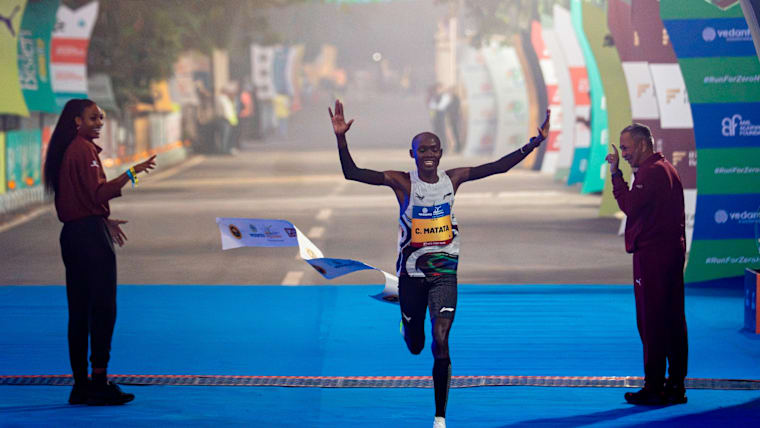 Pic 1Kenya’s Charles Matata crosses the finish line in a new event record of 5852 to win the overall men’s title at the Vedanta Delhi Half Marathon 2026