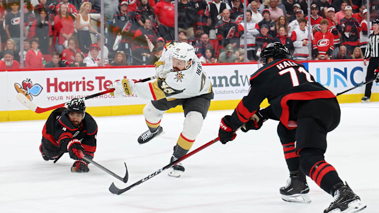 Tomas Hertl of the Vegas Golden Knights scores against the Carolina Hurricanes in Game 1 of the Stanley Cup Final.