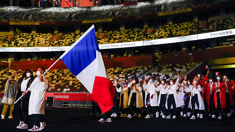 Athletes from Team France enter during the Opening Ceremony of the Tokyo 2020 Olympic Games