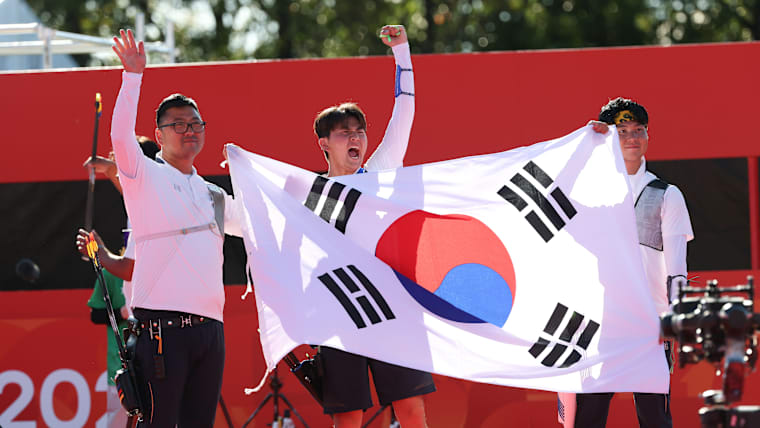 Republic of Korea team group, celebrate after winning the men's recurve team final
at Okazaki Central Park Multipurpose Square during the Asian Games Aichi-Nagoya 2026 in Aichi, Japan