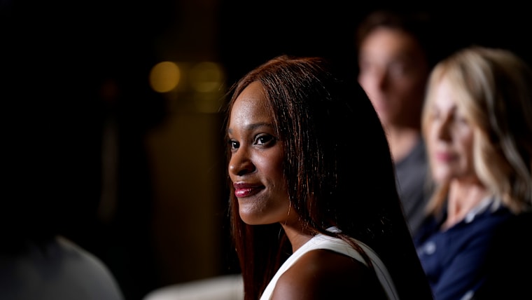 Rebeca Andrade attends the "Olympic reflections" roundtable