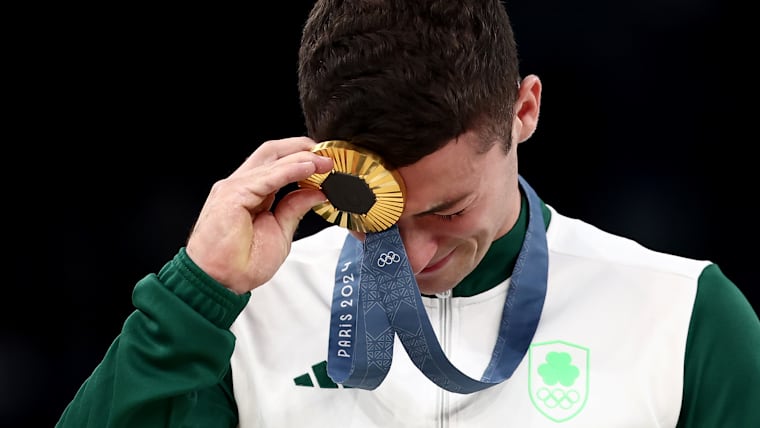 Rhys McClenaghan of Team Ireland after winning Olympic gold on pommel horse at Paris 2024
