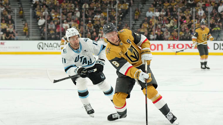 Jack Eichel #9 of the Vegas Golden Knights skates with the puck against Dylan Guenther #11 of the Utah Mammoth in the second period of Game One of the First Round of the 2026 Stanley Cup Playoffs at T-Mobile Arena on April 19, 2026 in Las Vegas, Nevada. [Candice Ward/Getty Images]