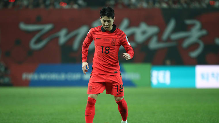 Lee Kang-in playing for Korea Republic against Singapore in a FIFA World Cup qualifier in 2023