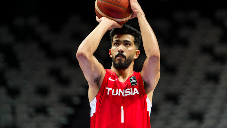 Oussama Marnaoui of Tunisia shooting the ball during the 2020 FIBA Men's Olympic Qualifying Tournament game between Croatia and Tunisia at Spaladium Arena on July 1, 2021 in Split, Croatia. (Photo by Jurij Kodrun/Getty Images)