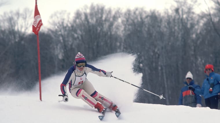 Hanni Wenzel of Liechtenstein in action in an alpine skiing event during the Winter Olympics Games in Lake Placid, NY, USA. Wenzel won two gold medals in the Giant and Special Slalom and one silver.