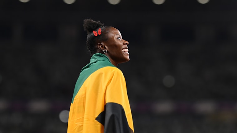 Shericka Jackson (JAM) celebrates at the World Athletics Championships Tokyo 2025