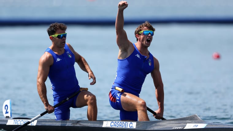 Gabriele Casadei and Carlo Tacchini (ITA) celebrate winning silver in the men's canoe double 500m at the Olympic Games Paris 2024